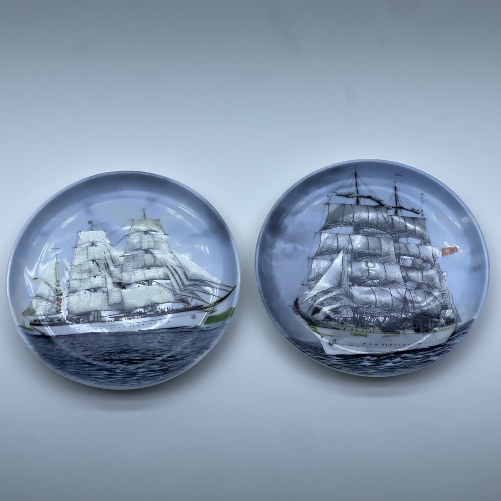 Trinket Dish Jewelry Vintage Porcelain Tiny Plates Art Set of 2 Nautical Beach